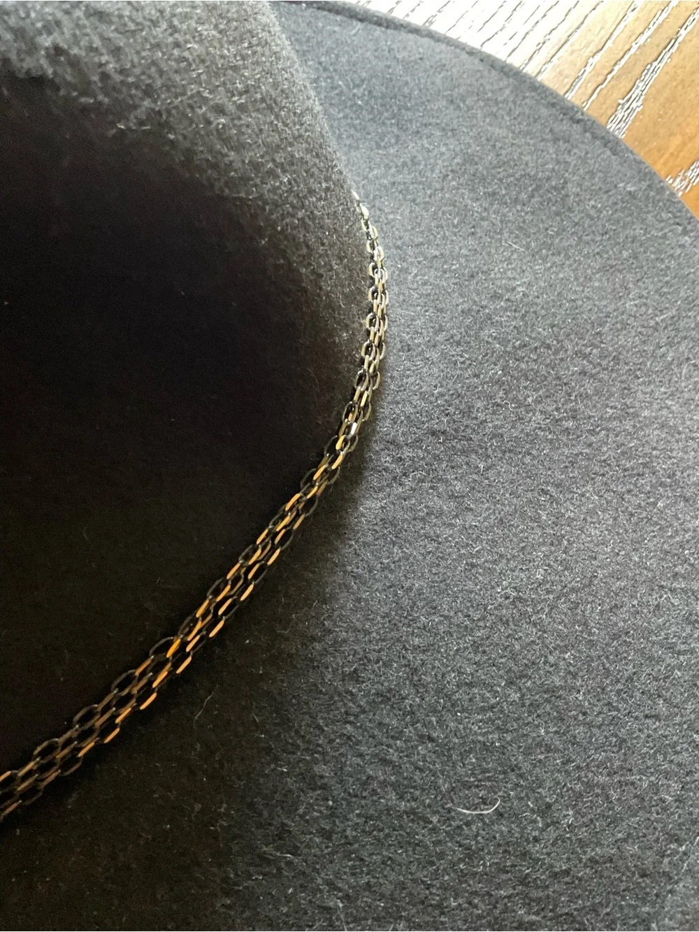 Zara Black Wide-Brim Wool with braided Gold Chain trim. Size OS
